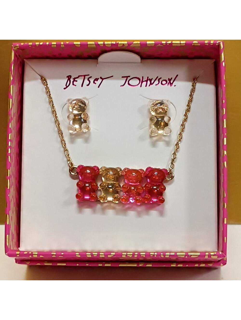 NWT Betsey Johnson Gummy Jelly Bear Earrings & Necklace Pink Ivory